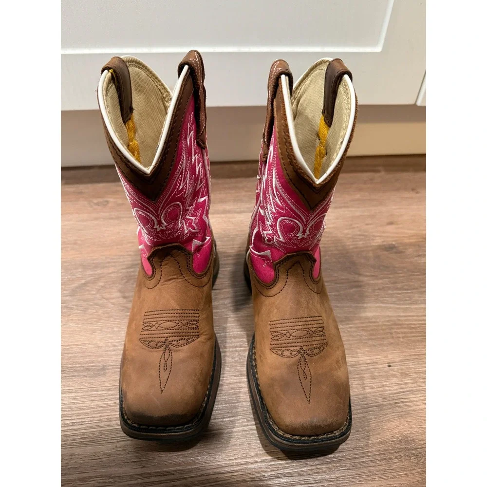 Durango Kids 8 Inch Pink and Tan Western Pull On Cowboy Boots DWBT093 Size 12.5M